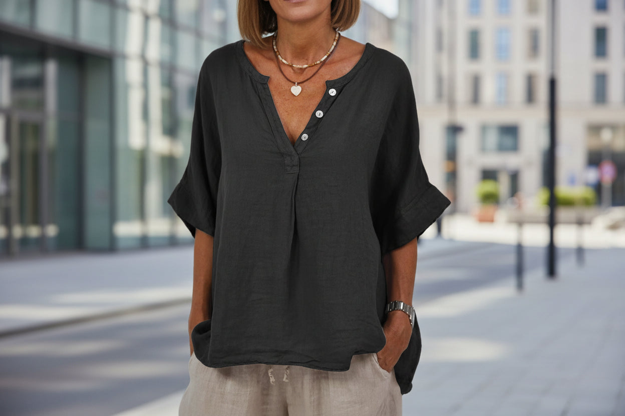 Women's Cotton Linen V-Neck Button-Up Shirt