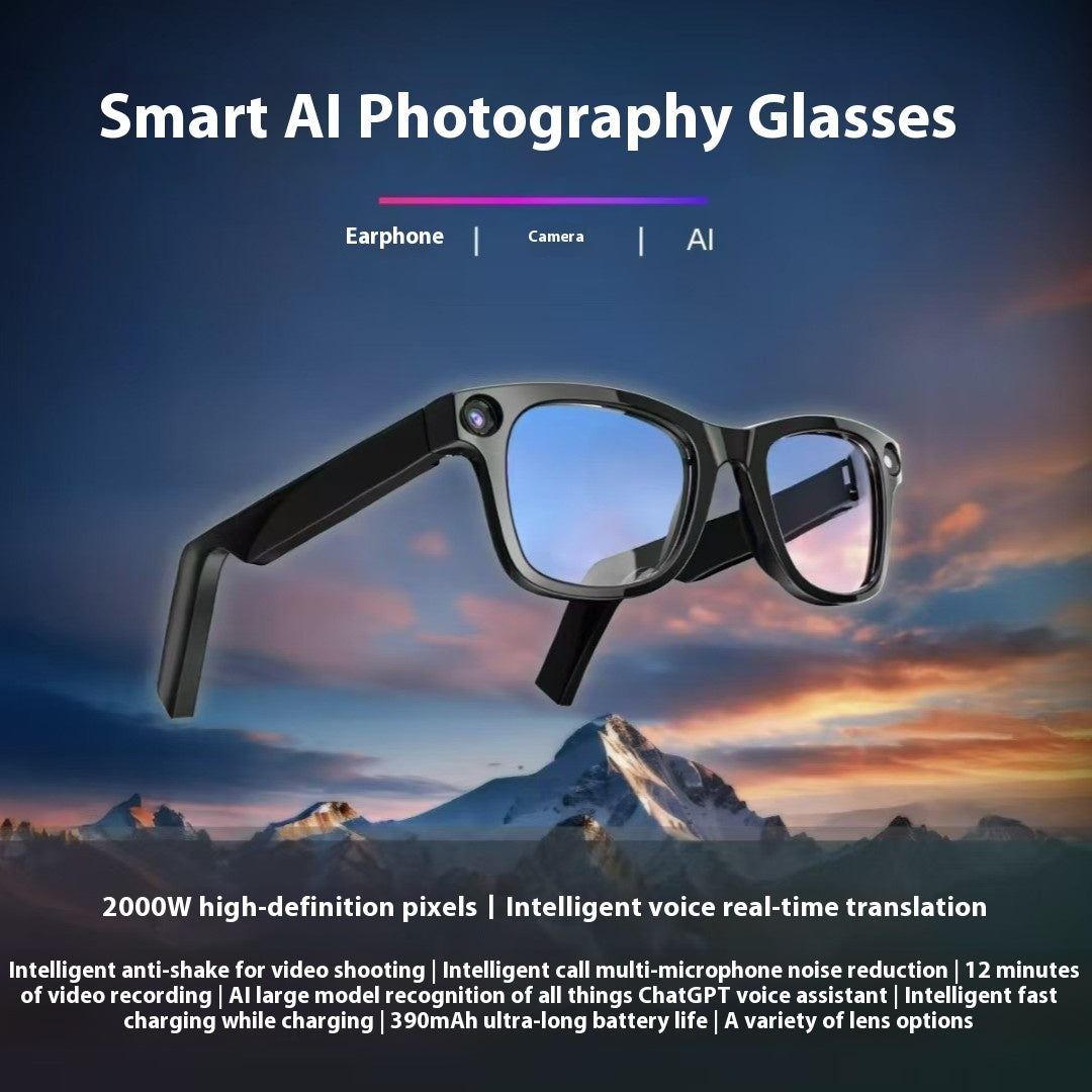 FLIPSTYLEZLLC AI Smart Glasses with HD camera and anti-shake strap, showing sleek design and built-in camera for seamless shooting.