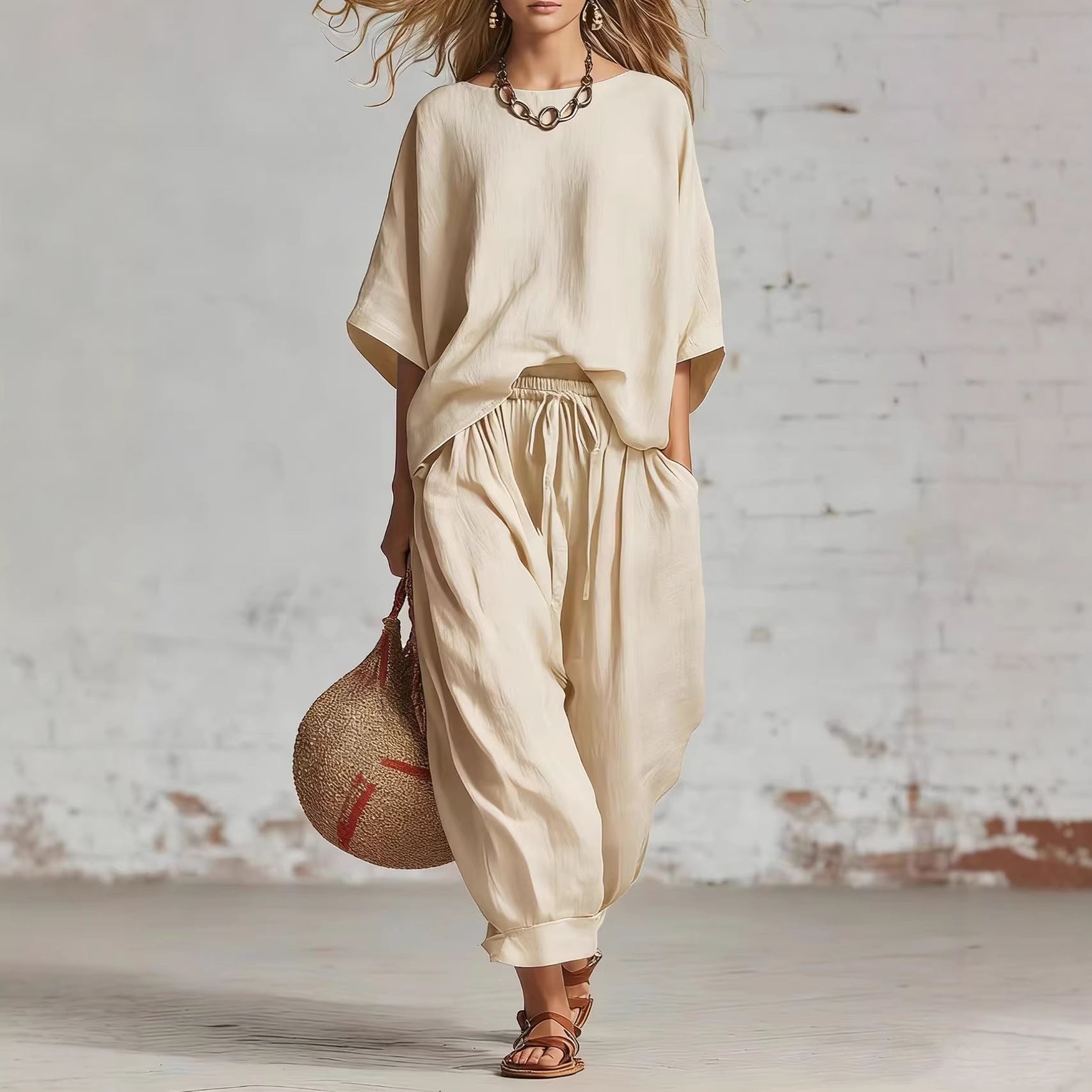 Women's solid color casual set by FitiqueFit featuring a loose T-shirt and ankle pants for relaxed everyday wear.