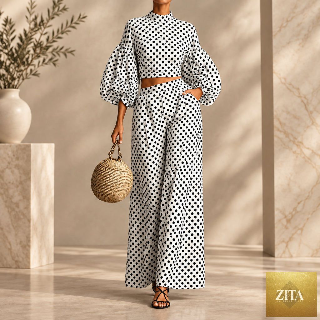 Women's 2-Piece Polka Dot Set – Lantern-Sleeve Mock-Neck Crop Top & High-Waisted Wide-Leg Trouser