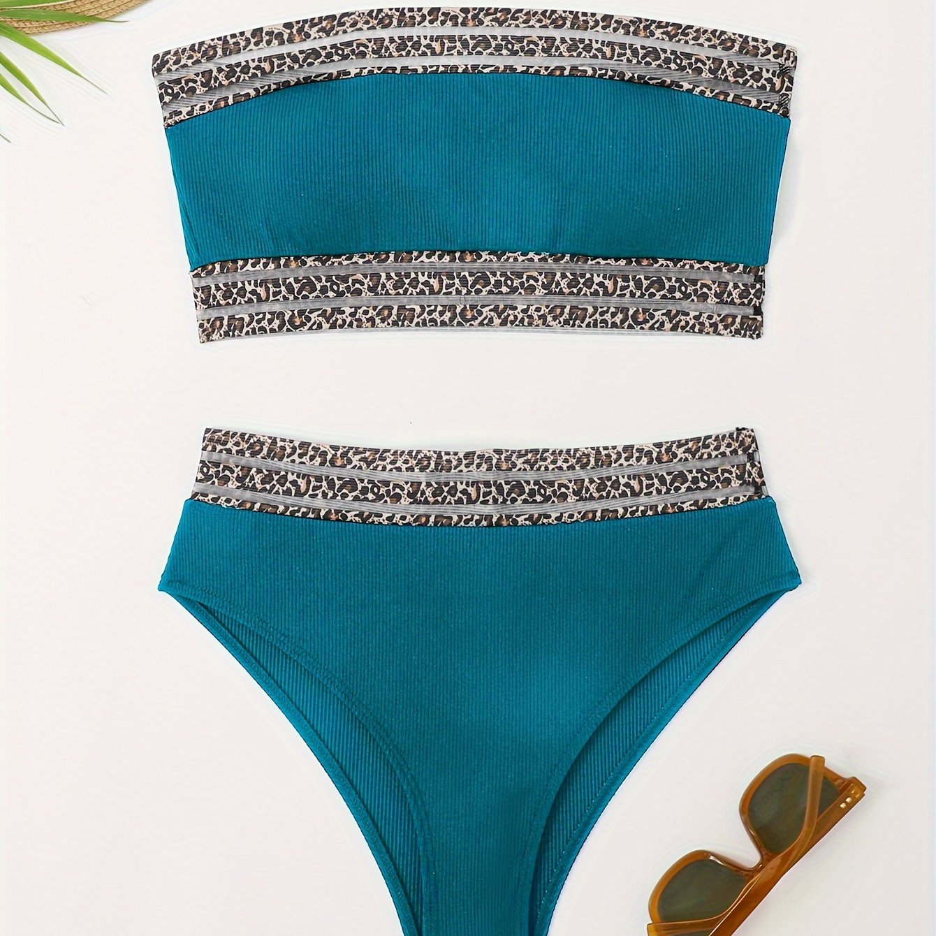 Stevvex leopard print high waist bandeau bikini set for women with mesh detail, perfect for beach, pool, and summer vacations.
