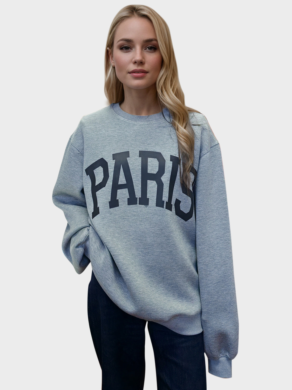ShopBasicbae Basic Bae PARIS round neck long sleeve scuba sweatshirt, casual air fabric top in neutral color, front view.