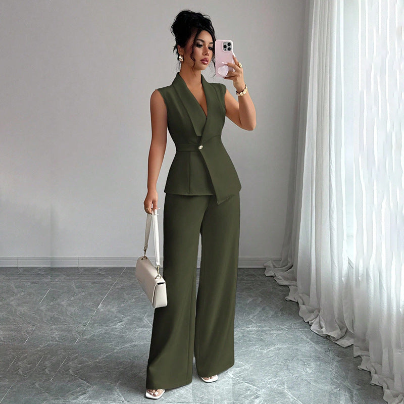 Women's sleeveless blazer and straight-leg pants two-piece set by FitiqueFit, showcasing a casualwear outfit in neutral tones.