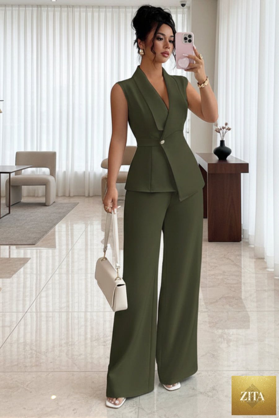 Women's MERIDGE peplum sleeveless blazer and wide-leg pants two-piece set, featuring tailored fit and stylish design.