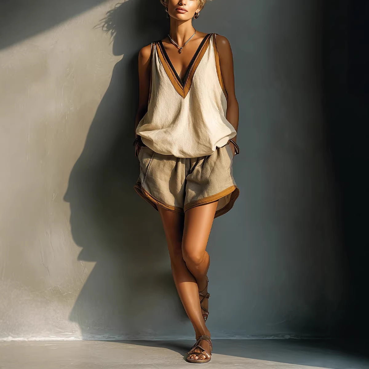 Women's Color-Block V-Neck Sleeveless Top & Shorts Two-Piece Set