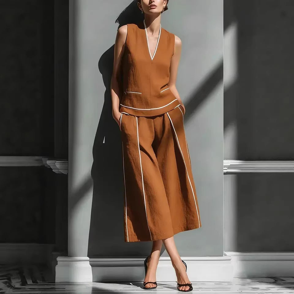 Women's sleeveless linen shirt and cropped pants set by FitiqueFit, casualwear 2-piece outfit, displayed on a model.