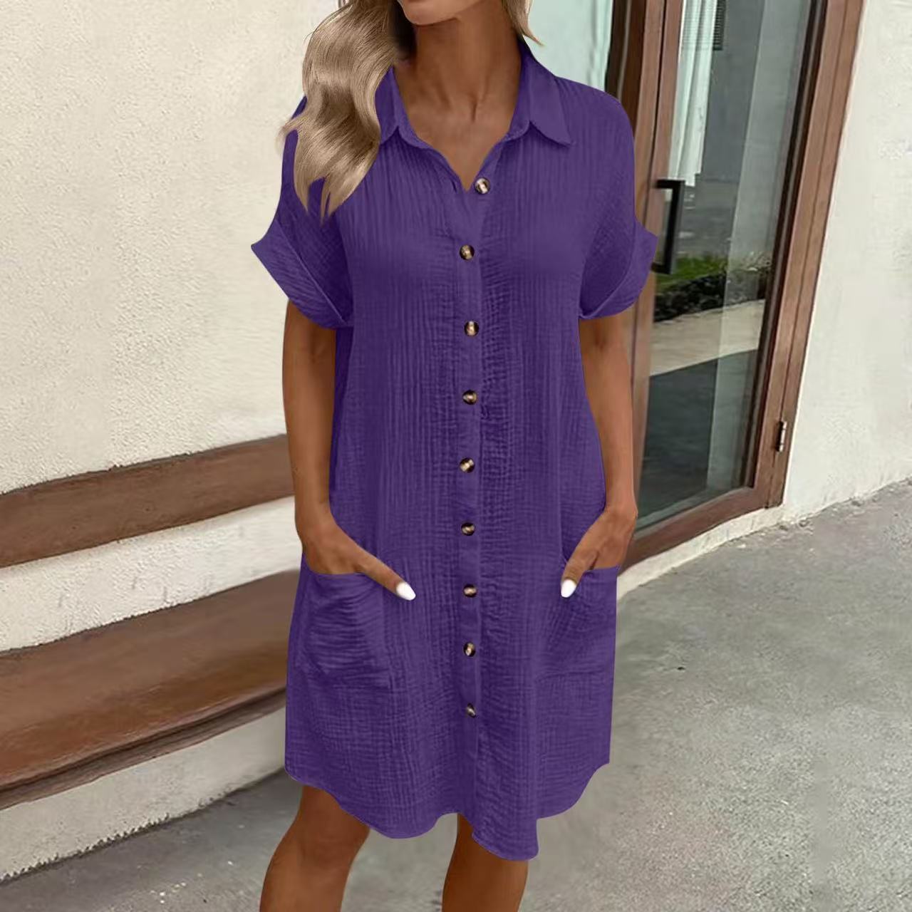 Women's casual loose short-sleeve midi shirt dress by FitiqueFit, featuring a button-down design and relaxed fit.