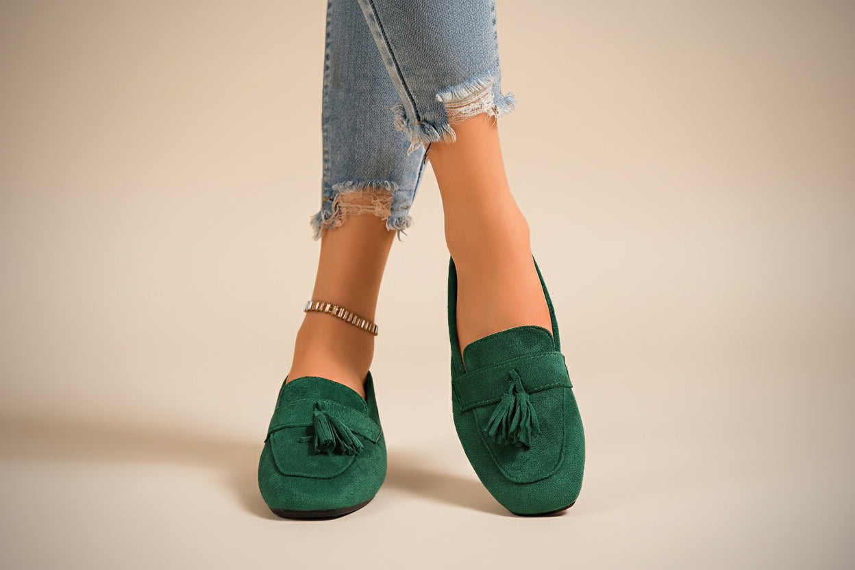 Women's square toe tassel slip-on loafers by FitiqueFit, featuring suede material and casual flat design with tassel accents.