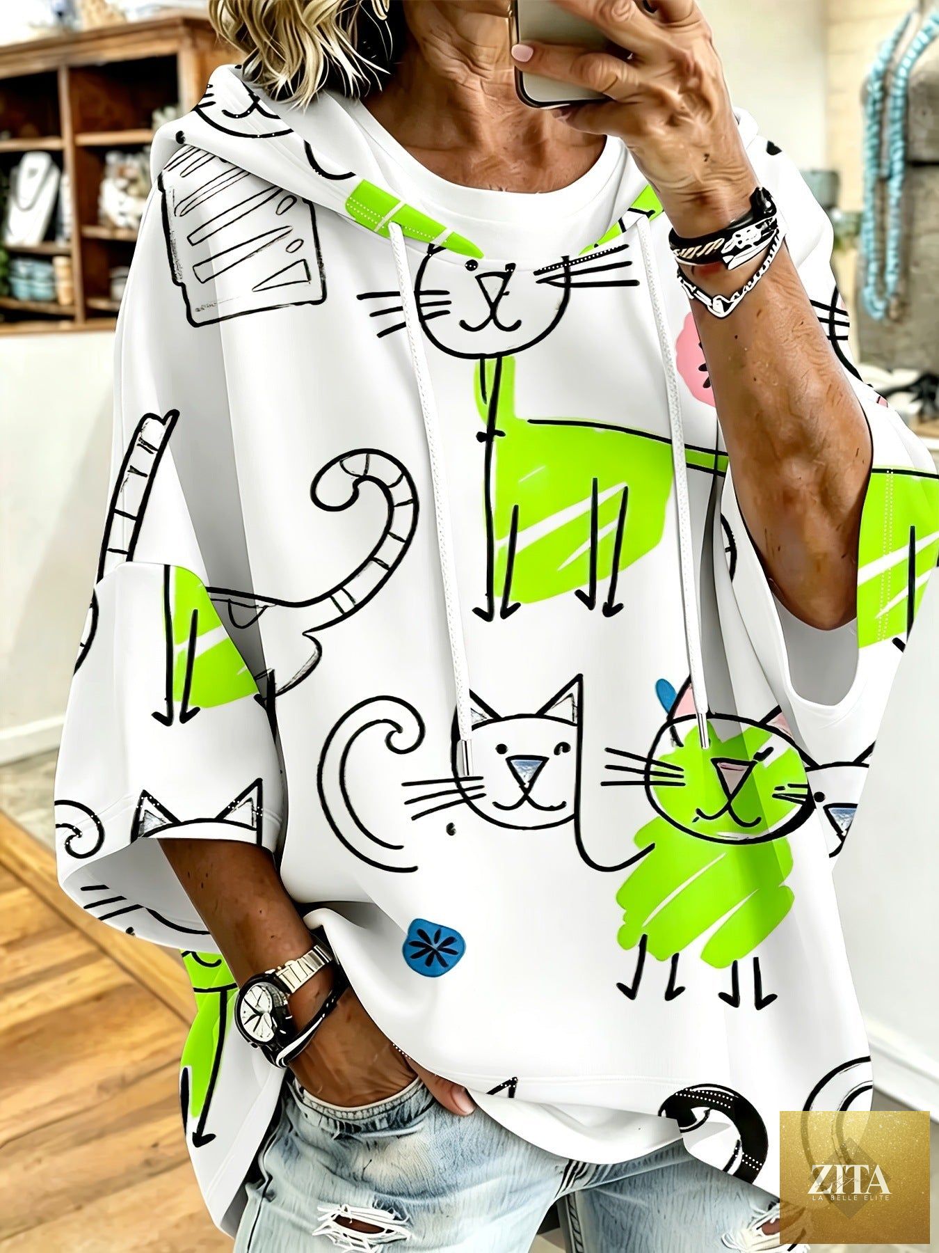 Cartoon Cat Print Hoodie with 3/4 Sleeves & Drawstring
