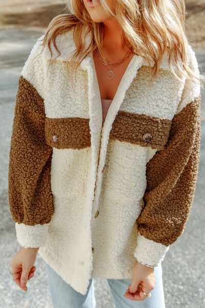 Women’s cute sherpa jacket by Stevvex with button closure, collared neck, in retro style featuring soft, cozy fabric and elegant design.