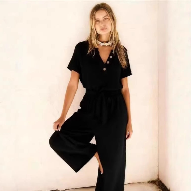 Women's Loose V-Neck Lace-Up Pocket Jumpsuit
