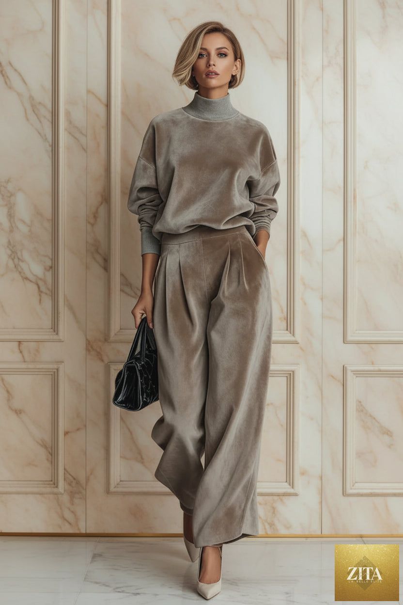 Women's Mock Turtleneck Balloon Sleeve Top & Pleated Wide-Leg Trousers Set