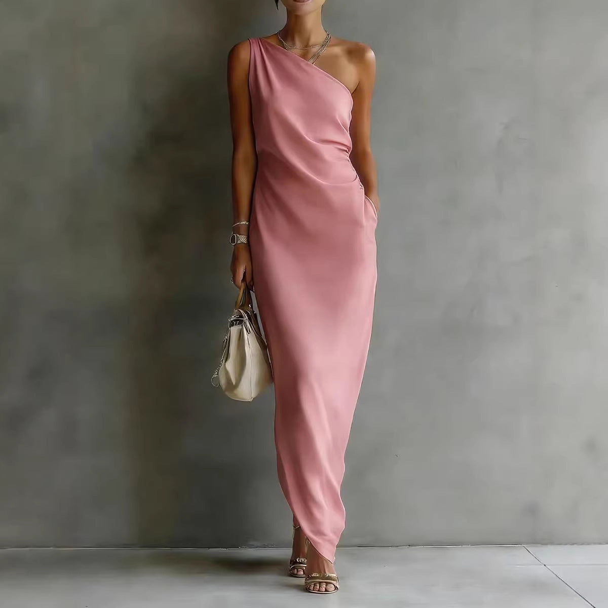 Women's satin off-shoulder slim-fit maxi dress by FitiqueFit, featuring a casual elegant design with a flowing silhouette.
