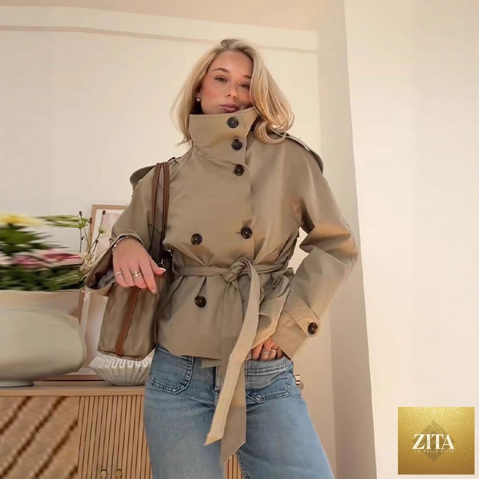 Women’s lace-up waist trench coat from FitiqueFit, stylish jacket with a fitted design and classic trench features.