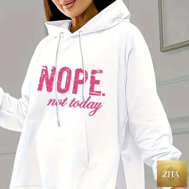 FitiqueFit casual 2-piece set with solid color leggings and letter print hooded sweatshirt, perfect for comfortable everyday wear.