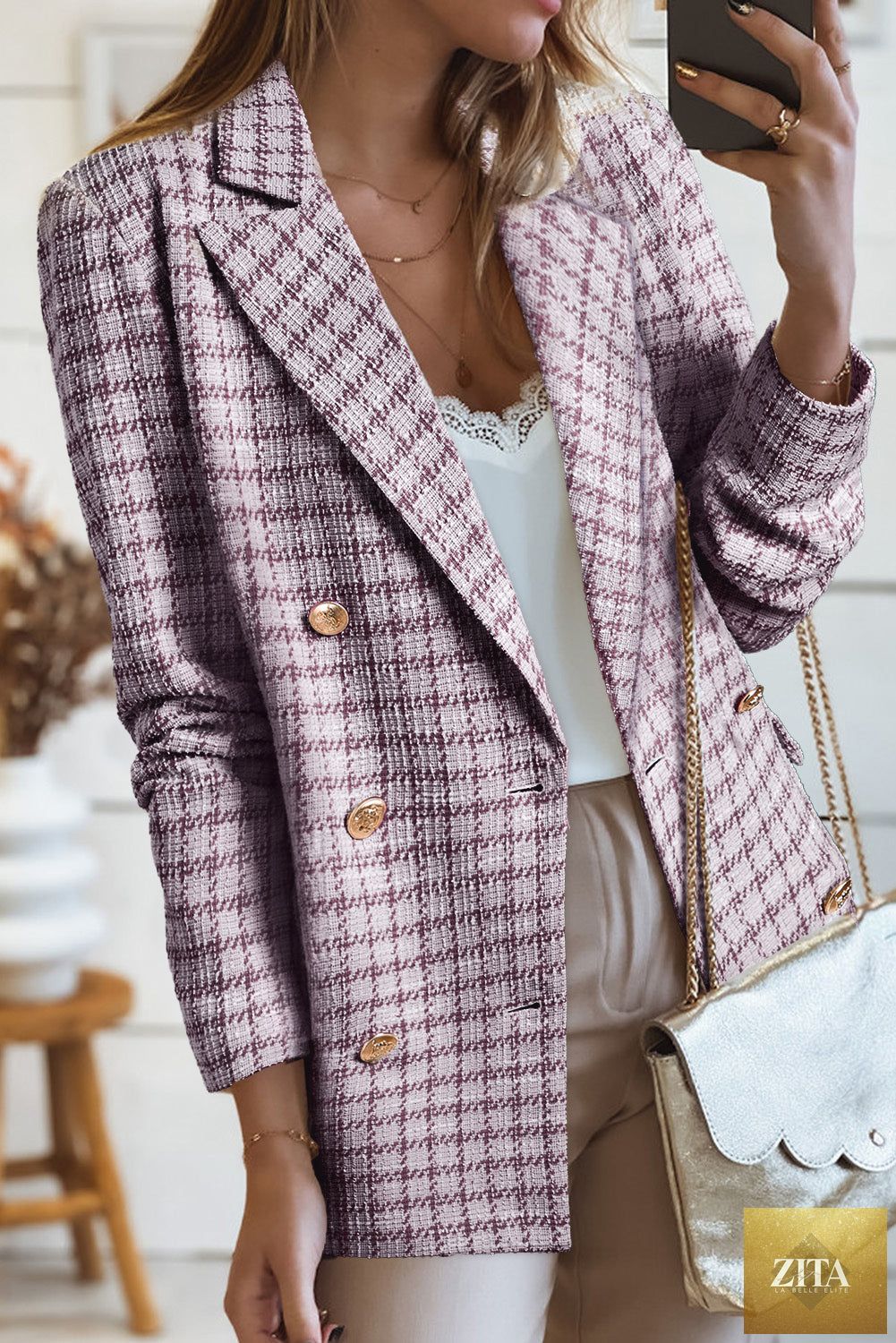 Burgundy tweed plaid blazer by Unique Oils, stylish outerwear with tailored fit and classic pattern, perfect for smart casual wear.