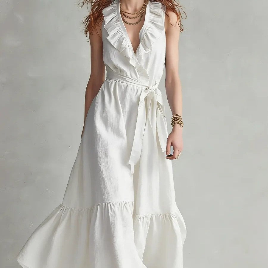 Women's FitiqueFit V-neck sleeveless maxi dress with lace-up panels and wide flare, perfect for casualwear.
