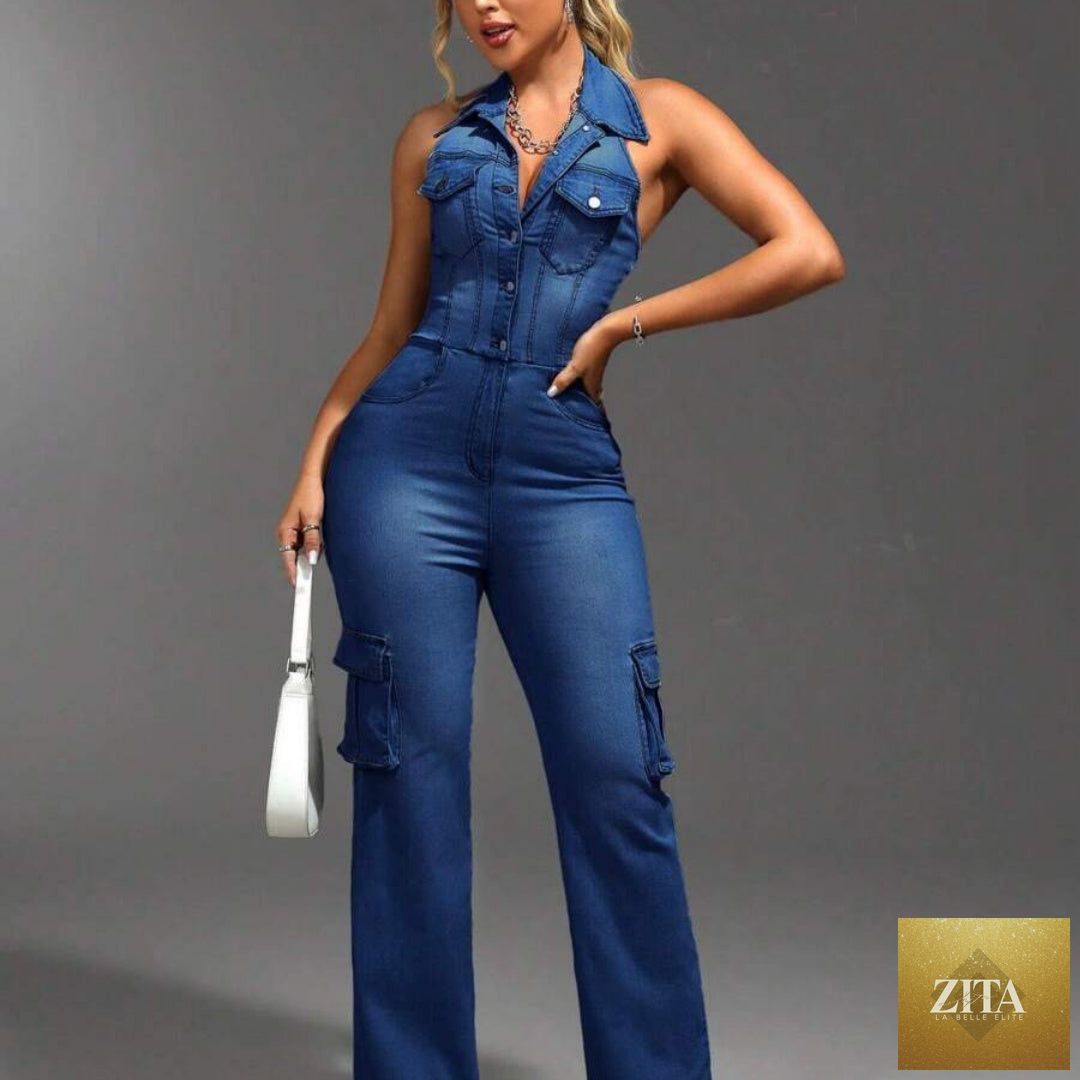Tight Waist Slim High Elastic Wash Denim Jumpsuit