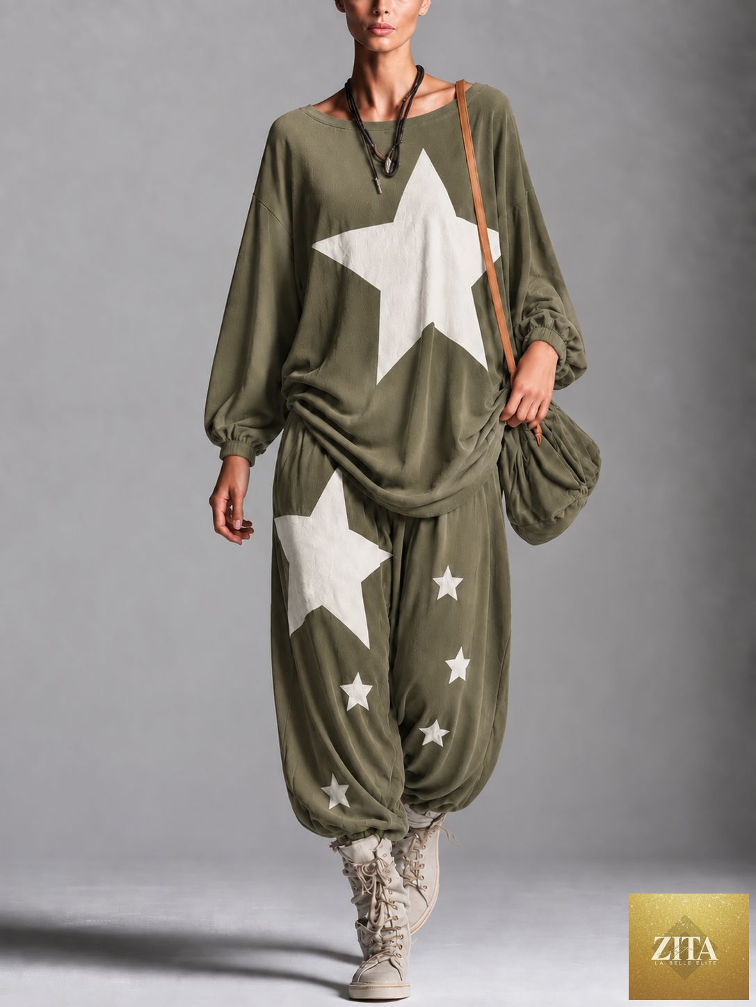 Women's Star Print Oversized Batwing Long-Sleeve Sweatshirt & Harem Balloon Trouser Set