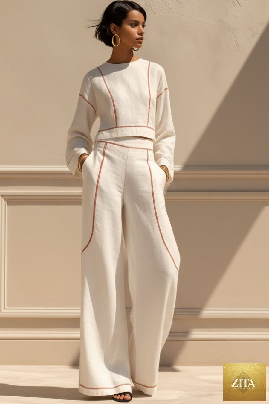 Women's Cropped Long-Sleeve Top & Ultra-Wide Palazzo Pants Set