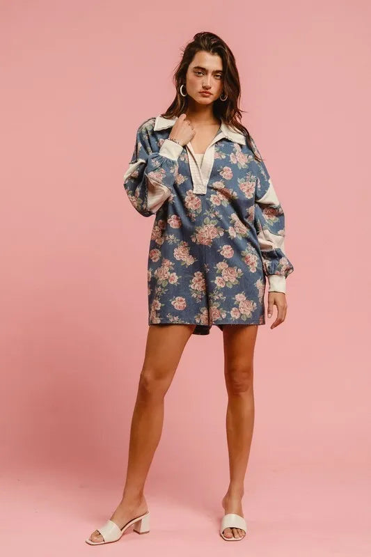 BiBi Washed Floral Denim Romper With Contrast Collar
