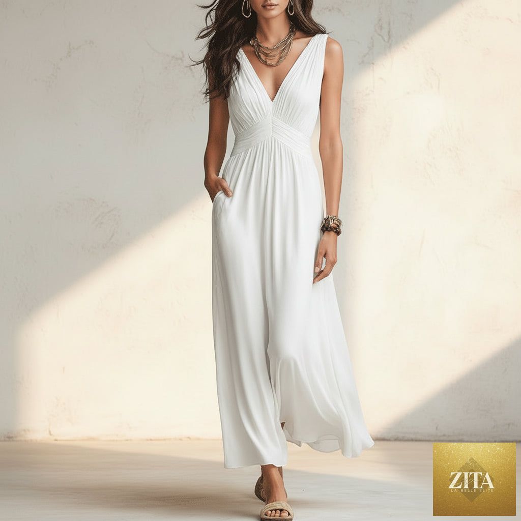 Women's Open-Knit Asymmetric Cape & Ruched V-Neck Fluid Maxi Dress Set