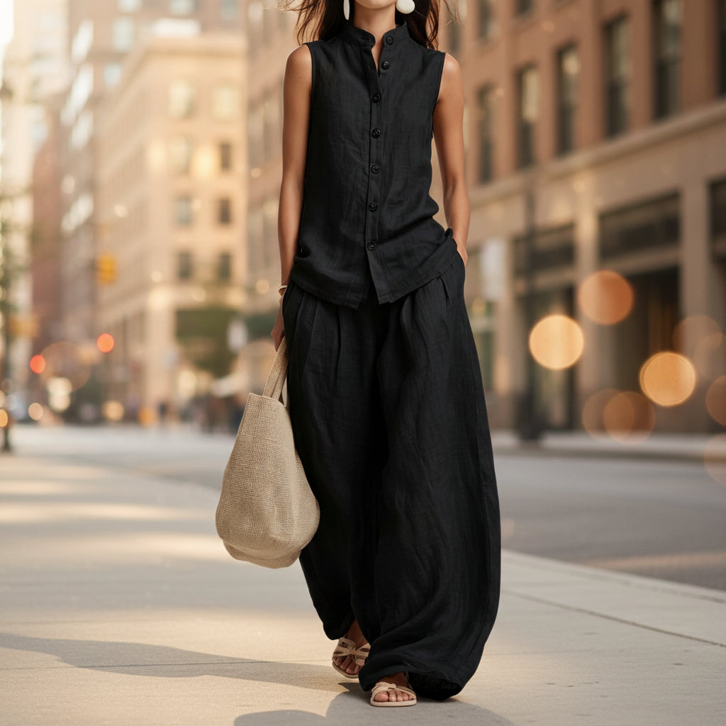 Women's Cotton-Linen Sleeveless Crewneck Vest & Pants Set
