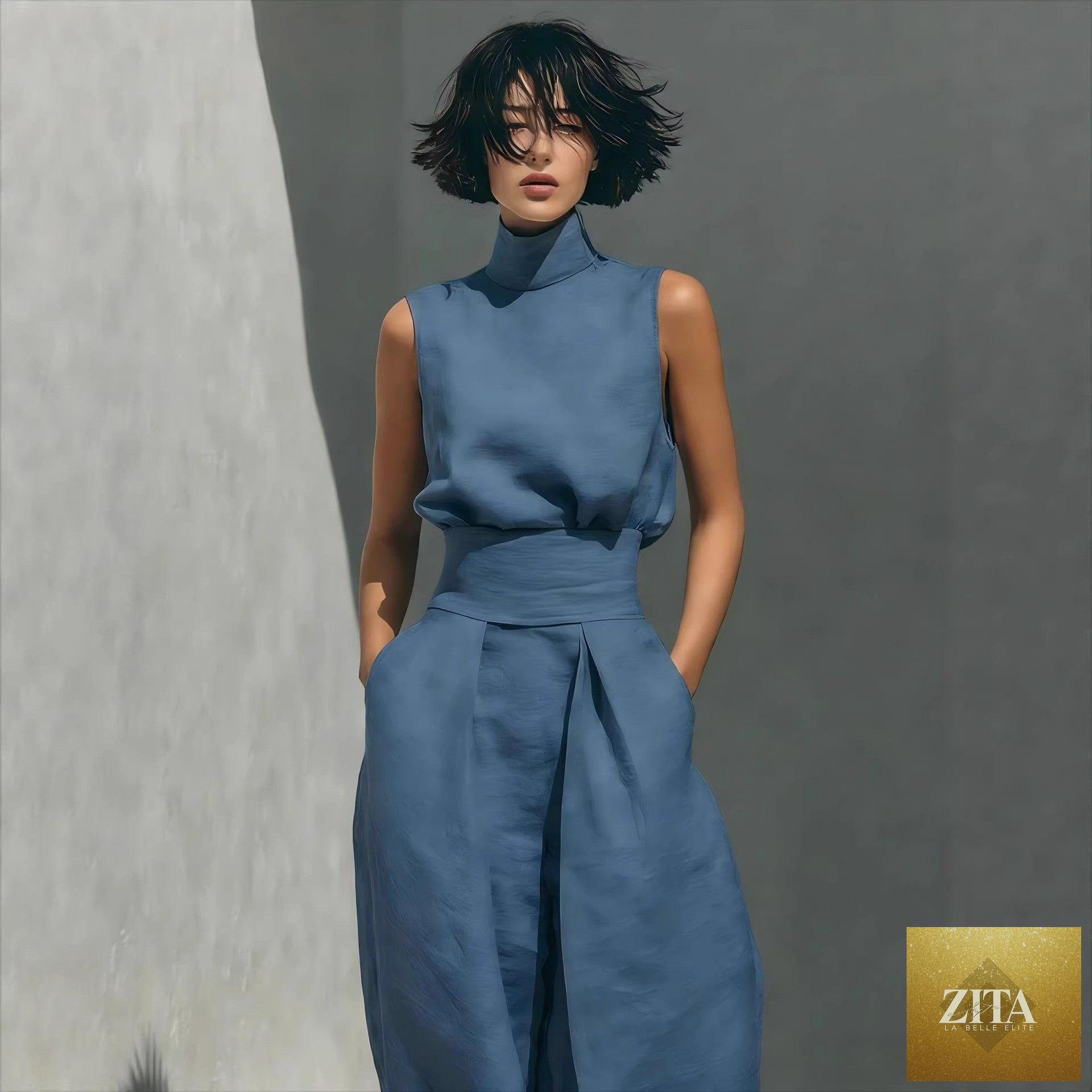 Women's linen-blend high-neck sleeveless top and wide-leg pants set by MERIDGE, shown on a model in a casual indoor setting.