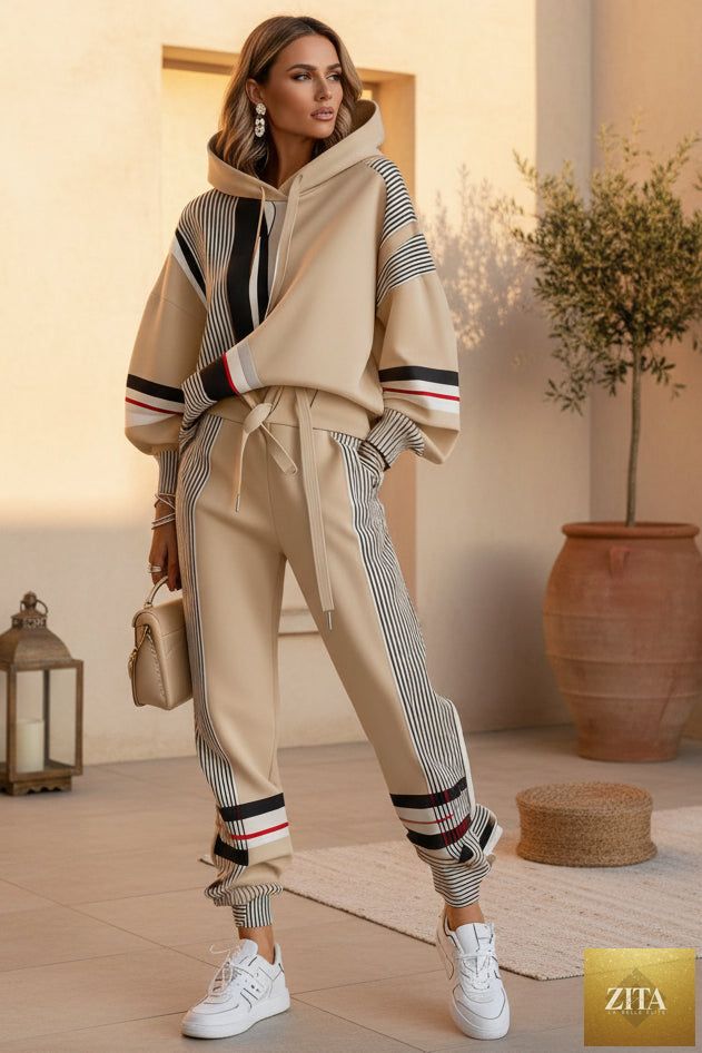Women's Oversized Color-Block Stripe-Panel Hoodie & Jogger Pants Tracksuit Set