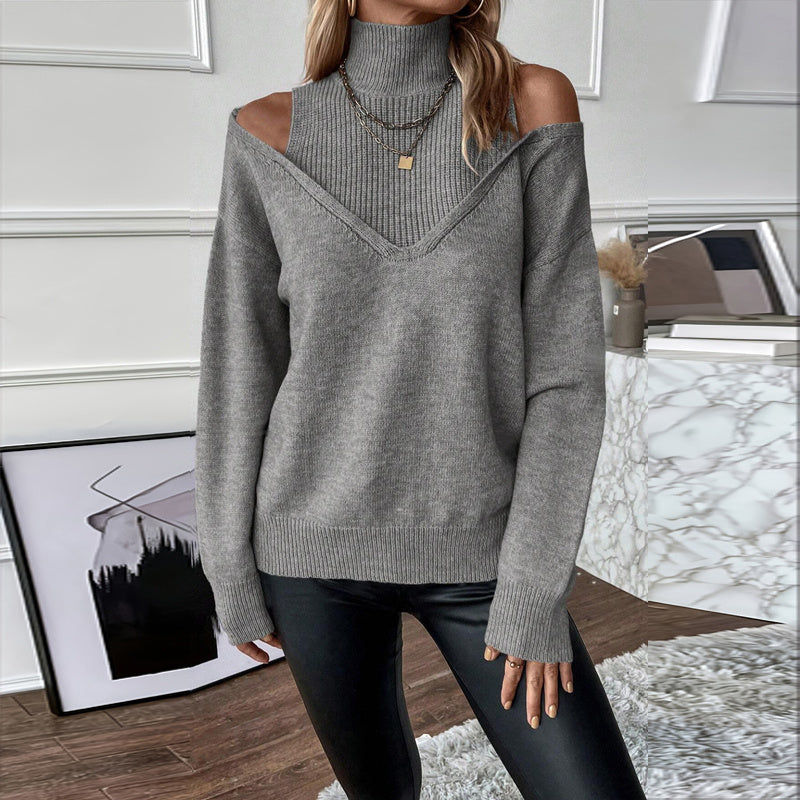 Women's elegant off-shoulder turtleneck sweater by FitiqueFit, long sleeve knit casualwear top with a stylish off-shoulder design.