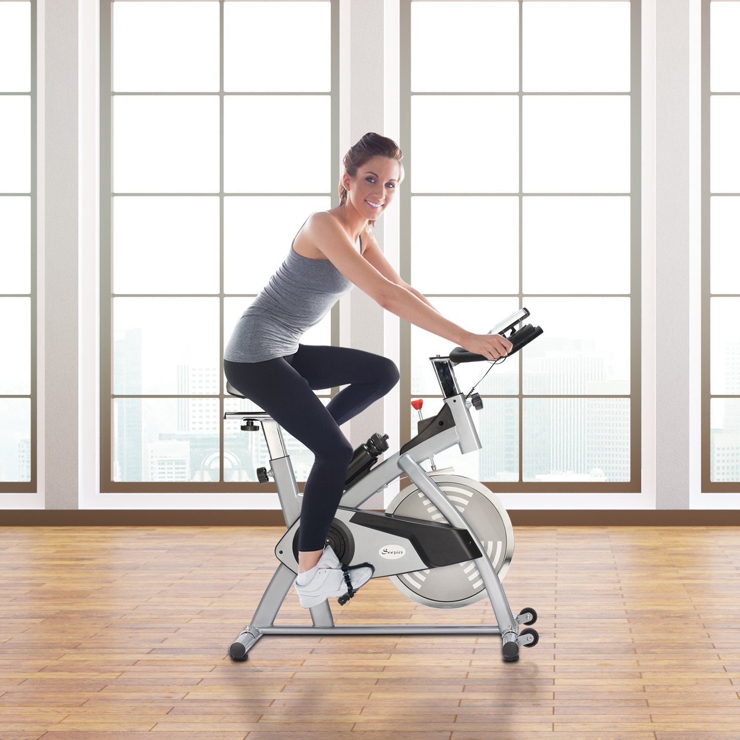 Soozier Adjustable Upright Exercise Bike Cycling Trainer Home Gym Taupe Shadow