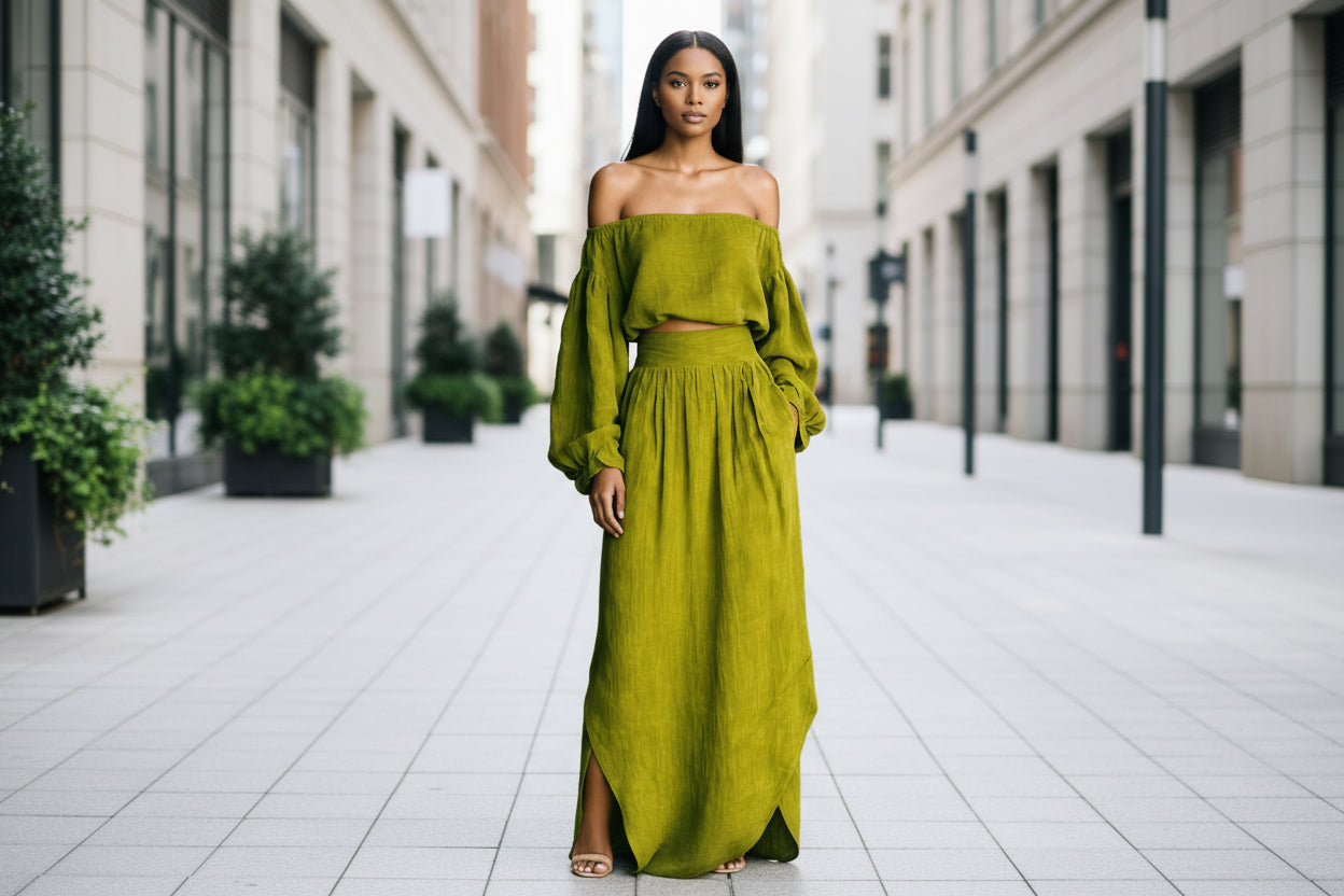 FitiqueFit women's off-shoulder casual top and asymmetrical maxi skirt set, showing the stylish two-piece outfit on a model.