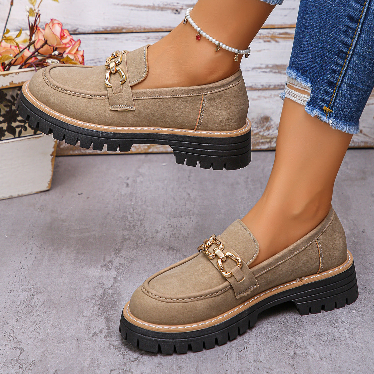 Women's British-style chunky block heel low-top shoes by FitiqueFit, featuring navy blue leather with white laces and a sturdy sole.