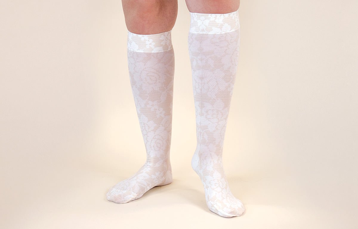 LympheDIVAs Darling Fair gradient compression socks with colorful striped design and comfortable fit.