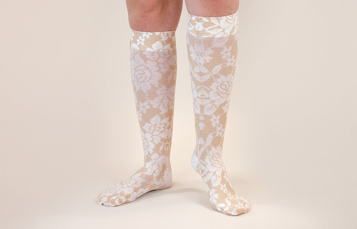 LympheDIVAs Darling Tan gradient compression socks with beige and brown shading, designed for support and comfort.