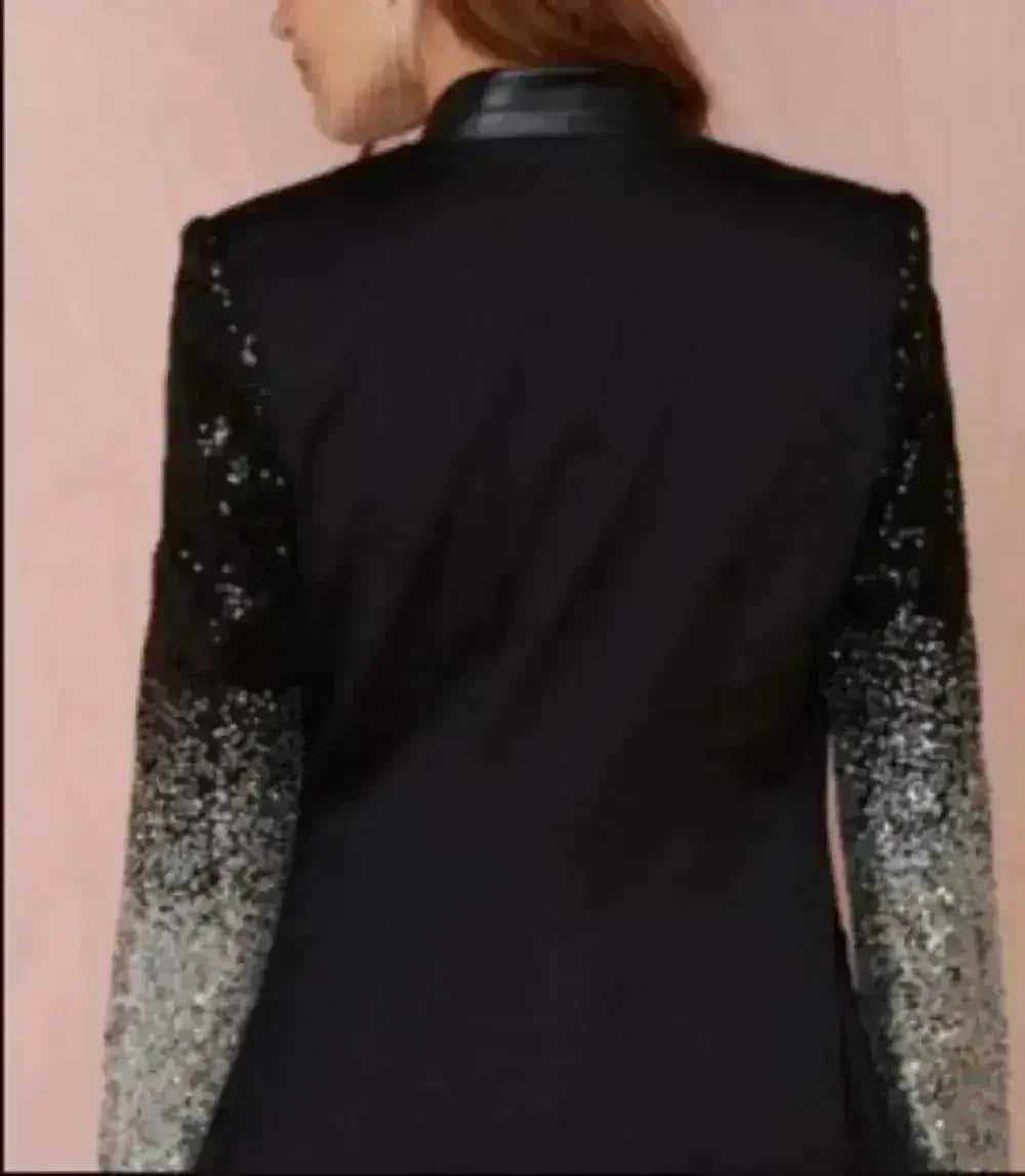 Femstylo women's blazer with sequined sleeves, stylish jacket featuring a tailored fit and eye-catching sequin accents.