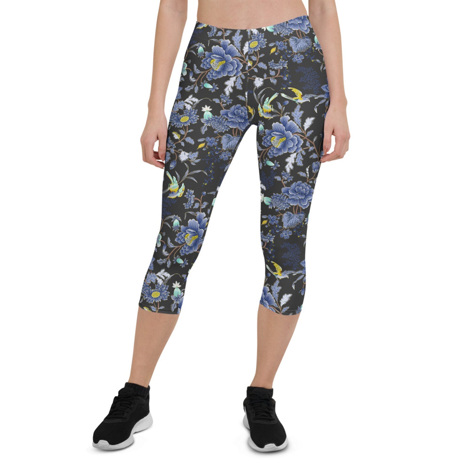 Oriental Floral Capri Leggings on Dark Gray Maroon Sooty