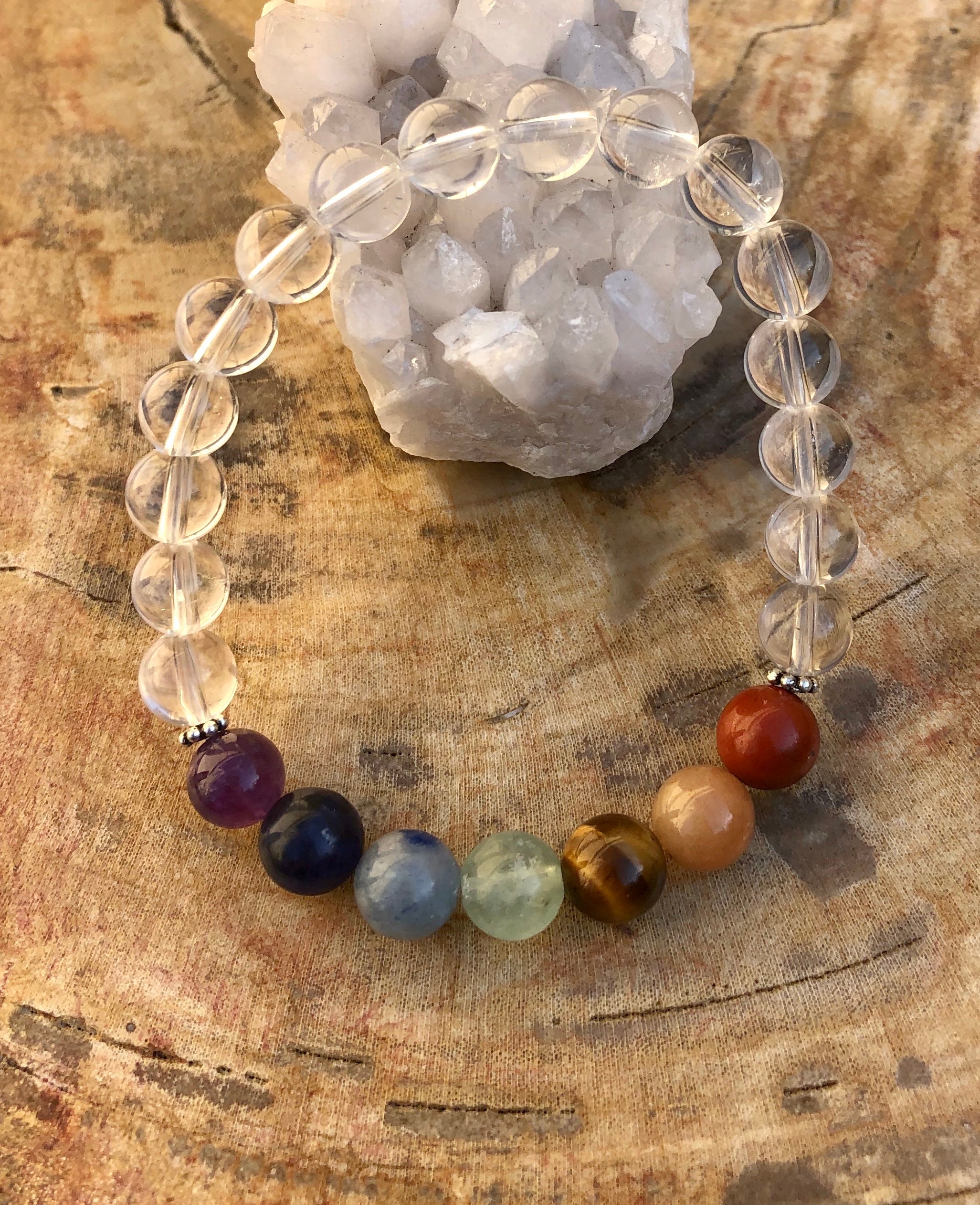 Chakra & Crystal Quartz Stretch Bracelet! Handmade Natural Stones! Violet Chaos