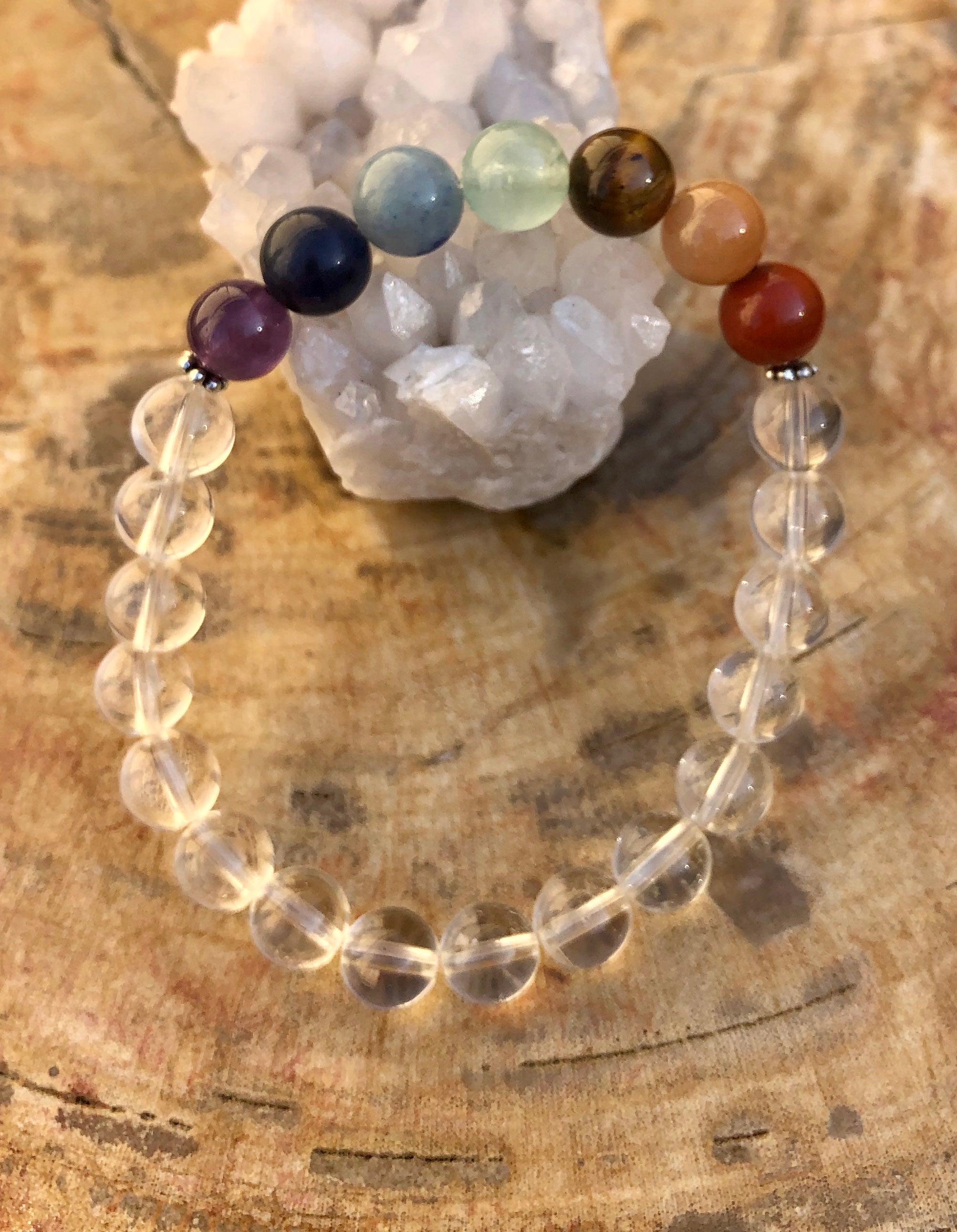 Chakra & Crystal Quartz Stretch Bracelet! Handmade Natural Stones! Violet Chaos