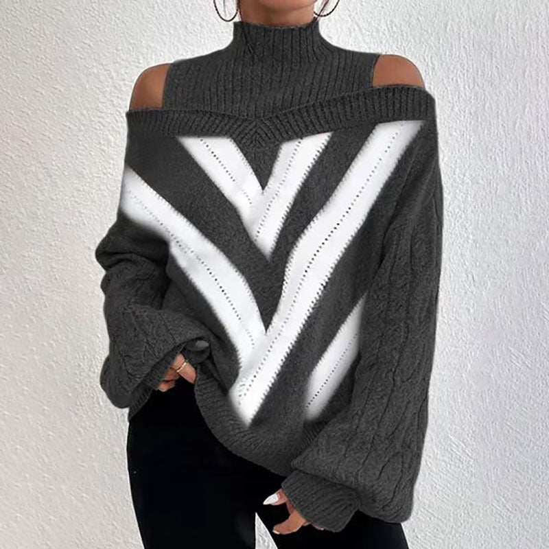 Women’s elegant off-shoulder turtleneck sweater by FitiqueFit featuring long sleeves and a stylish knit design.