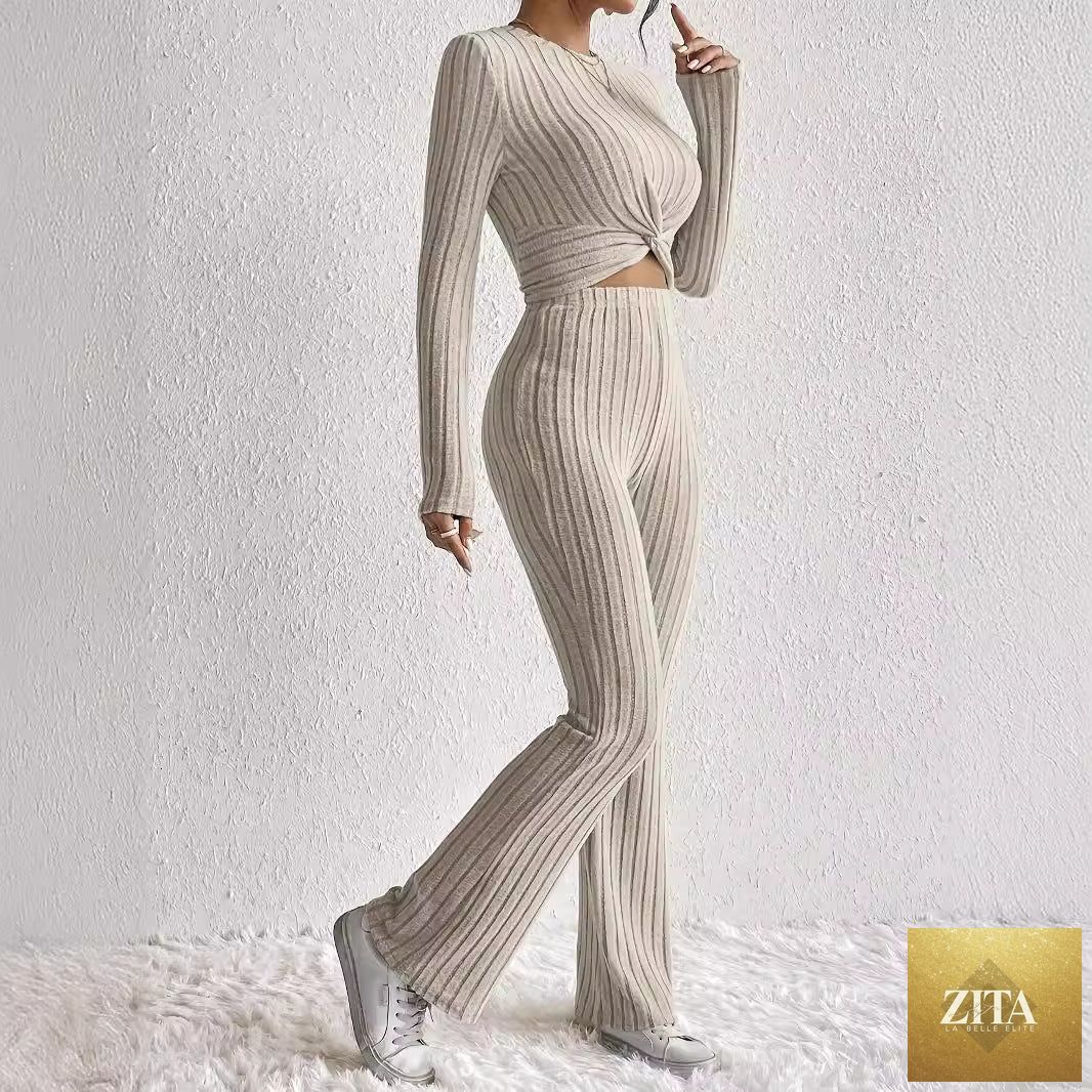 Women's Twist-Front Crop Top & Wide-Leg Ribbed Knit Set – 3 Colors