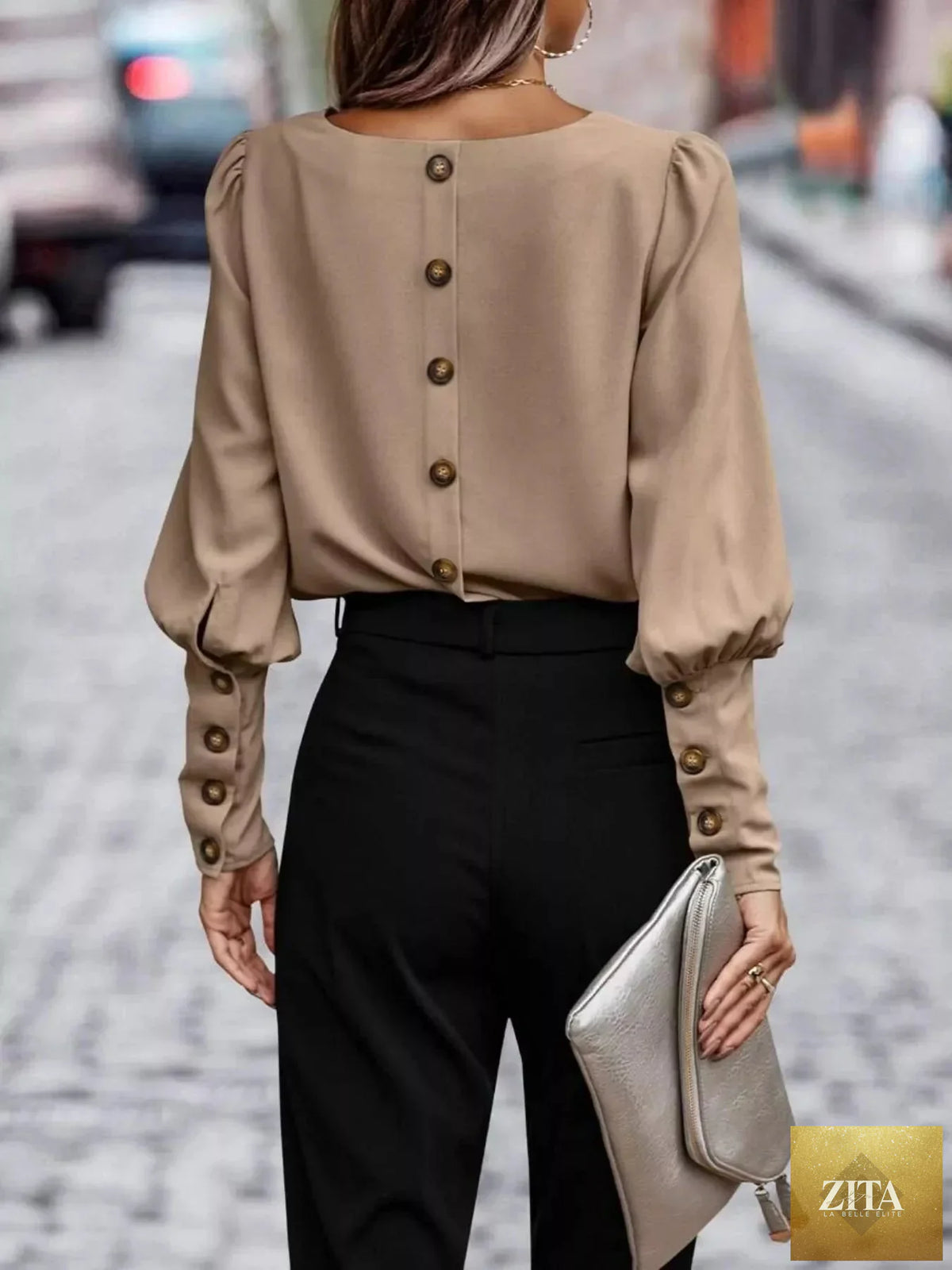 Simply Love back button lantern sleeve blouse with puffed sleeves and a relaxed fit, shown in a neutral color.