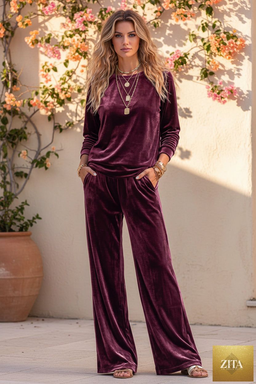 Women's Velvet Two-Piece Lounge Set – Round Neck Top & Wide-Leg Pants