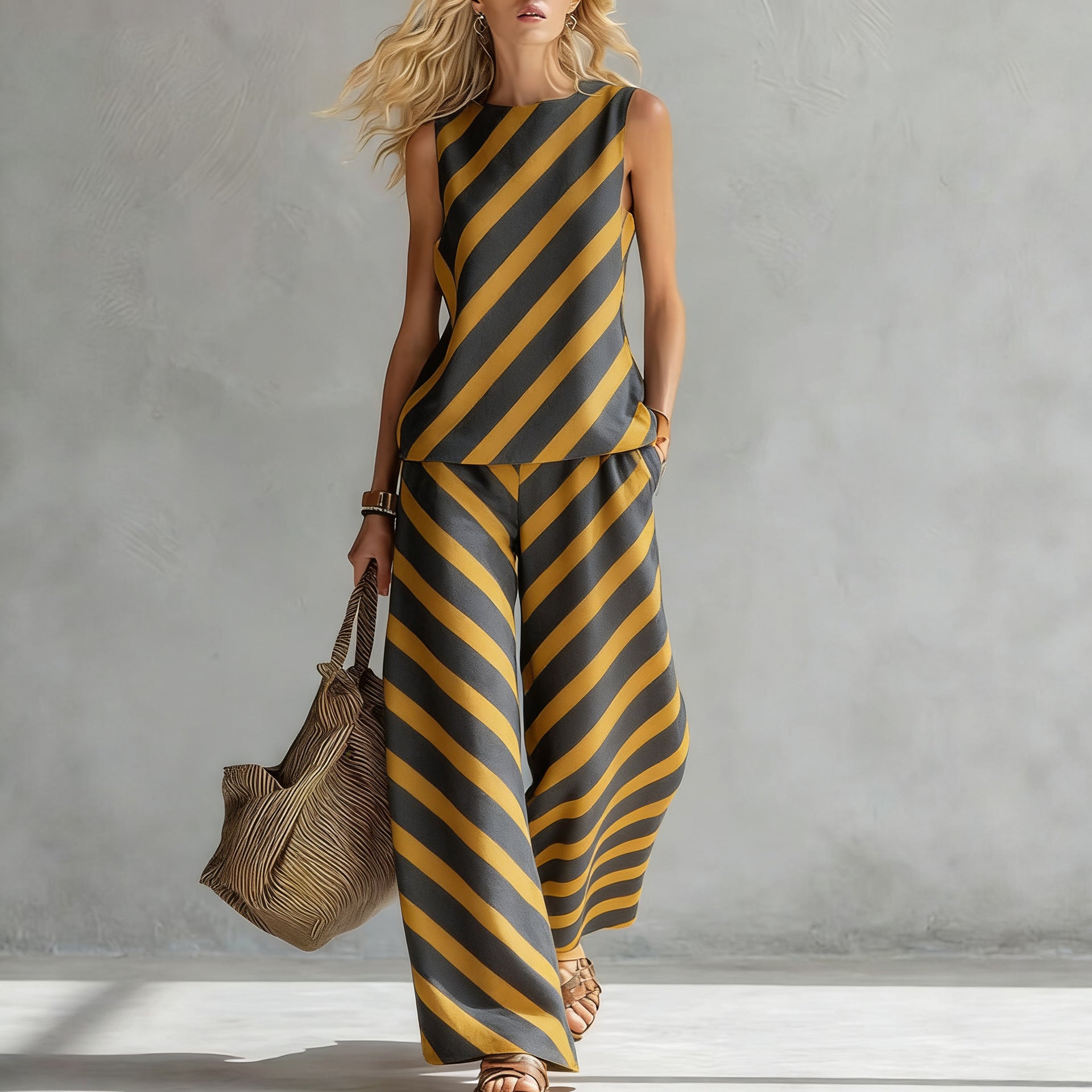 Women's sleeveless printed tank top and wide-leg pants two-piece casualwear set by FitiqueFit, shown on a model.
