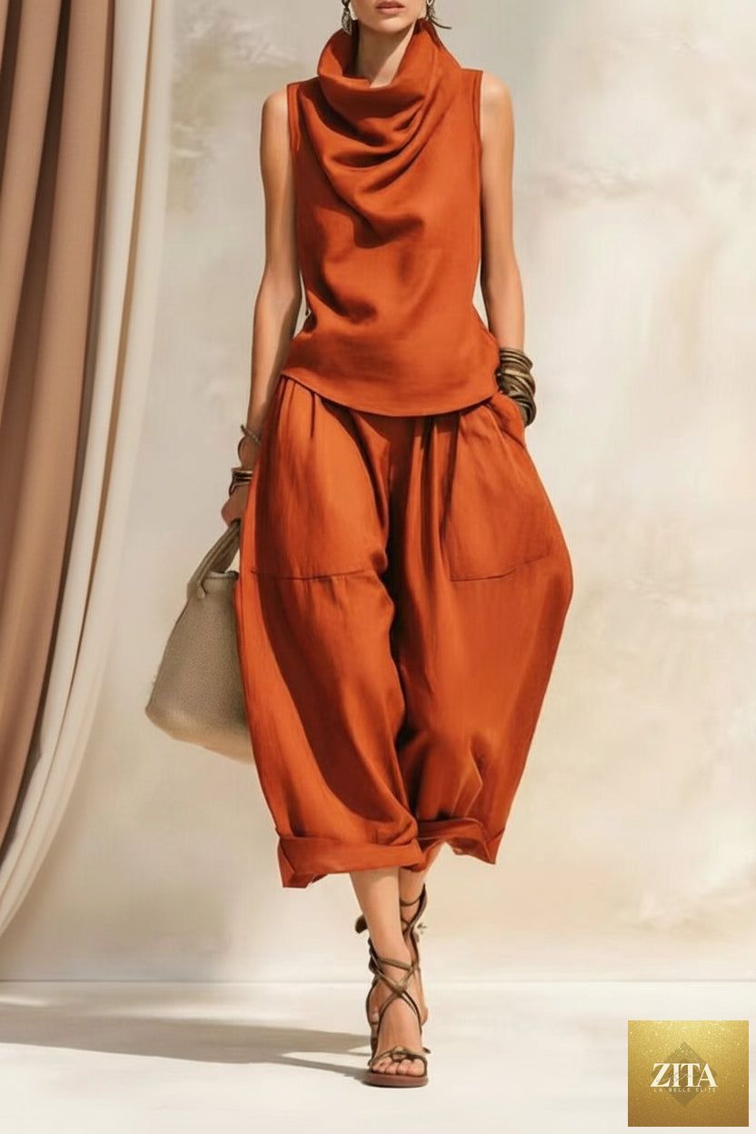 Women's Draped Cowl-Neck Sleeveless Top & Voluminous Balloon Lantern Trouser Set