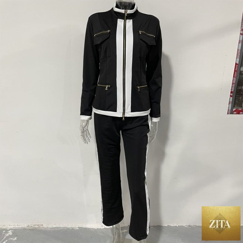 Women's Gold-Zip Contrast Trim Tracksuit Set – Fitted Jacket & Slim Flare Pants