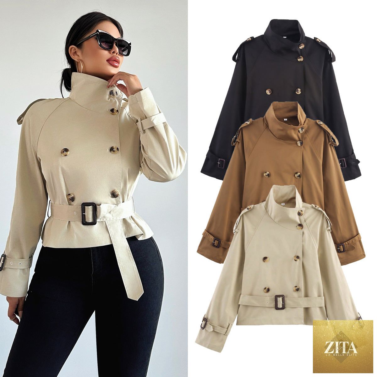 Women's FitiqueFit trench coat with notch collar, short length, belt buckle detail, stylish jacket for layered look.