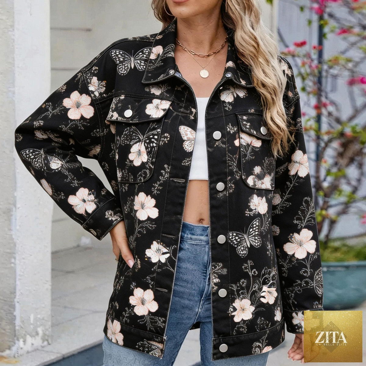 Women's Botanical Print Drop-Shoulder Denim Jacket