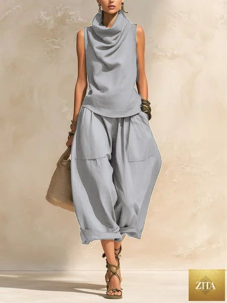 Women's Draped Cowl-Neck Sleeveless Top & Voluminous Balloon Lantern Trouser Set