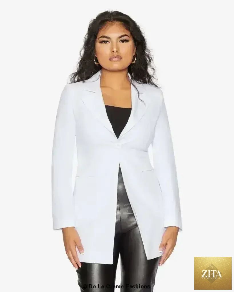 Femstylo De La Creme women's formal longline blazer with a collar, tailored fit, and professional style, shown in the product image.